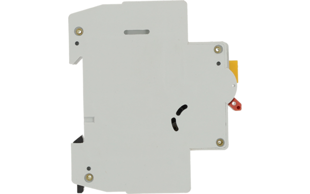 Boîtier plastique rectangulaire blanc avec un commutateur jaune, un levier rouge, plusieurs têtes de vis et des découpes