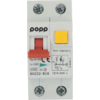 Boîtier électrique blanc avec levier rouge, bouton jaune de test, quatre vis, inscription 'popp' et marquages techniques