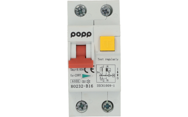 Boîtier électrique blanc avec levier rouge, bouton jaune de test, quatre vis, inscription 'popp' et marquages techniques
