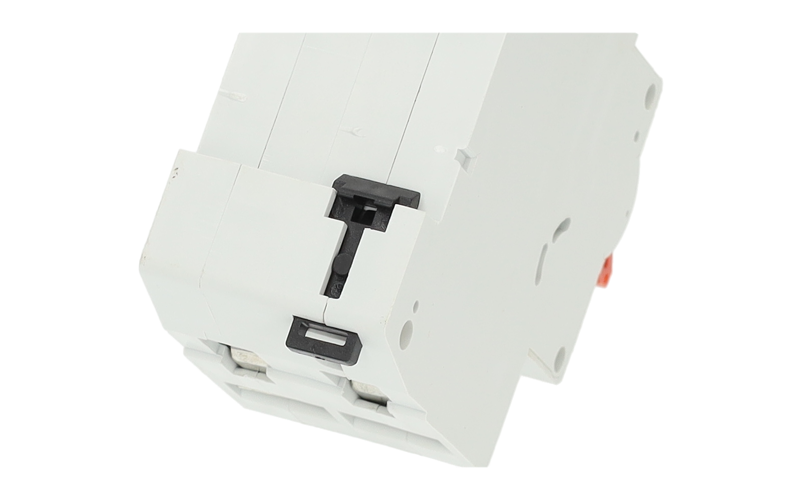 Boîtier rectangulaire en plastique blanc avec un levier noir et deux ouvertures de connexion visibles, pris en photo en léger angle
