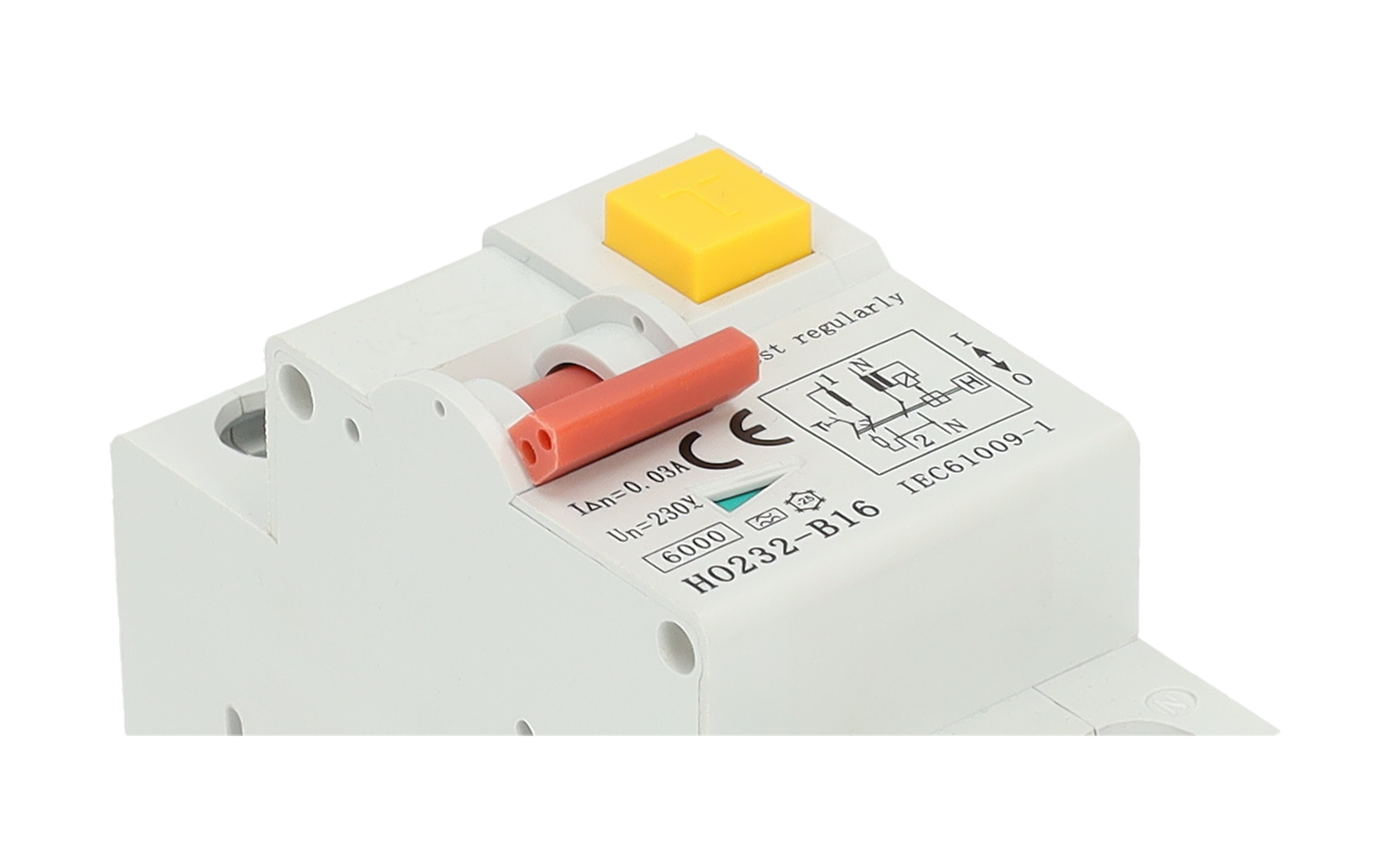 Module électrique blanc avec bouton carré jaune sur le dessus, levier d'interrupteur orange, schéma imprimé et marquage CE