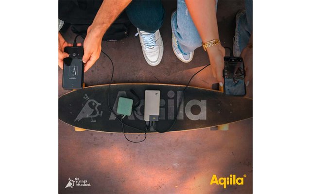 Blick von oben auf ein Skateboard auf dem Boden, umgeben von Beinen und Füßen von drei Personen