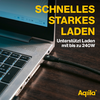 Smartphone liegt auf einem Holztisch, daneben ein Laptop, Text Schnelles starkes Laden