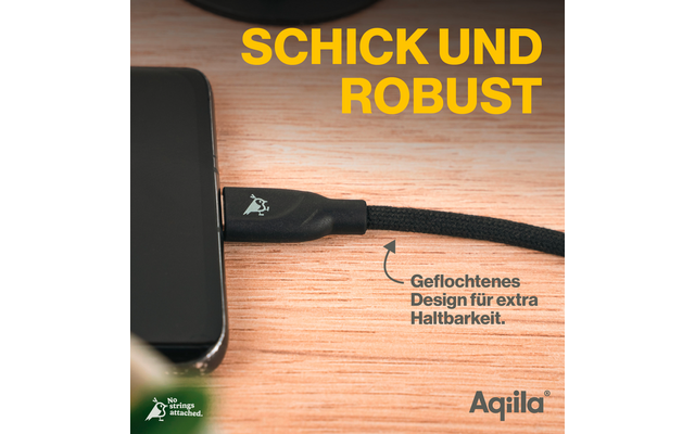 Schwarzes Netzteil auf Holzoberfläche mit Kabel und gelbem Text ‚Schick und robust‘