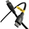 Nahaufnahme eines schwarzen USB-C-Kabels mit gelbem Kabelmantel und Logos