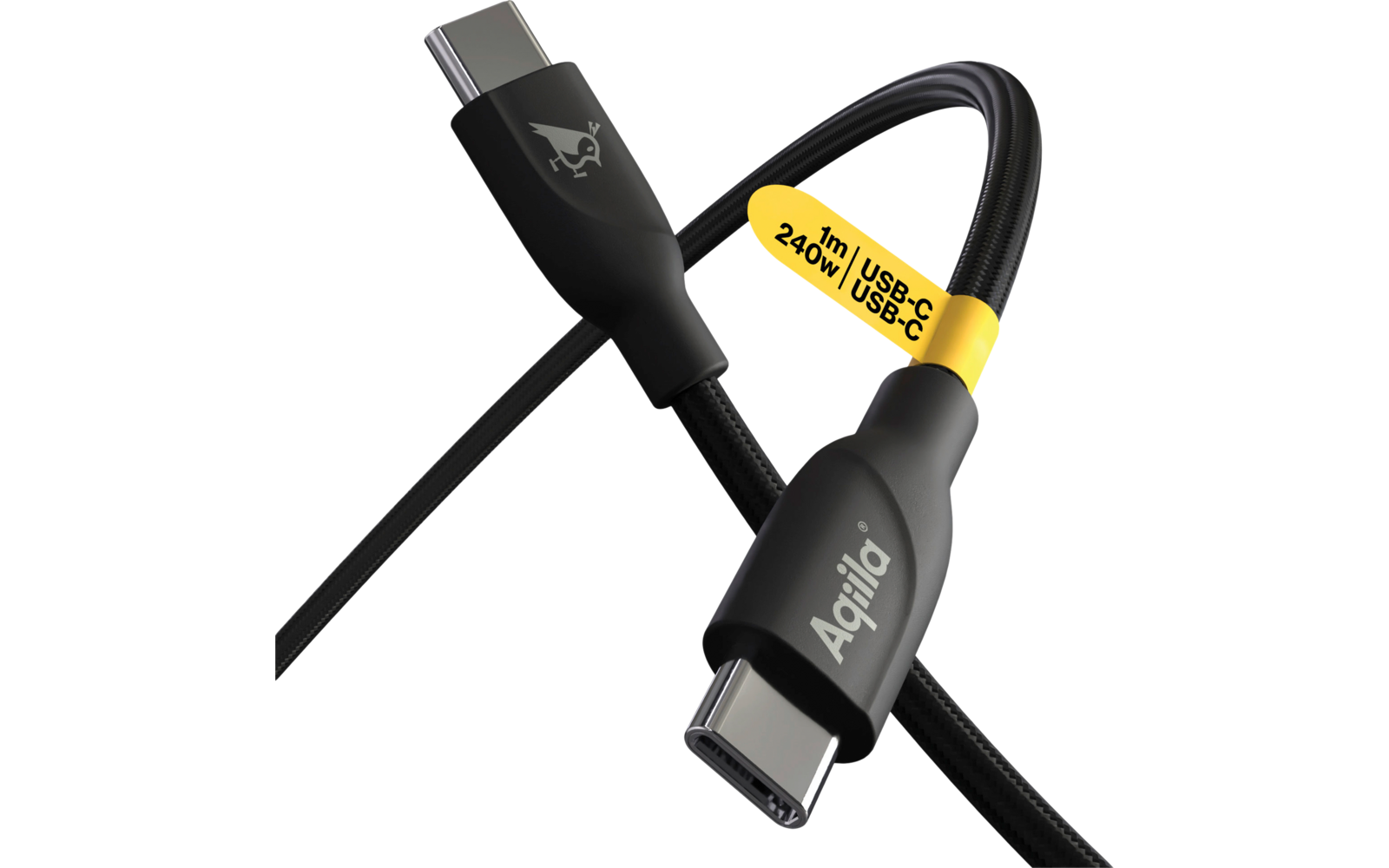 Nahaufnahme eines schwarzen USB-C-Kabels mit gelbem Kabelmantel und Logos