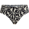 Beige Bikinihose mit großflächigem schwarzen, organisch geformtem Muster und seitlichen Raffungen