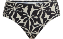 Culotte de bikini beige avec grand motif noir aux formes organiques et fronces sur les côtés