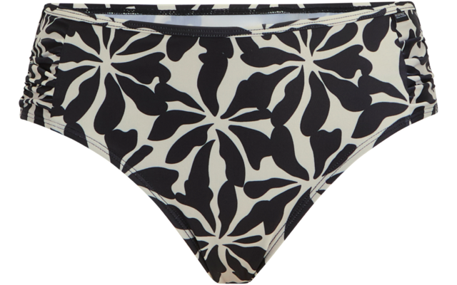 Beige Bikinihose mit großflächigem schwarzen, organisch geformtem Muster und seitlichen Raffungen