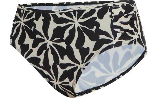 Hoch geschnittene Bikinihose mit schwarz-weißem Blattmuster und seitlicher Raffung