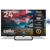 Televisiebeeld met groot 24-cijfer; meer met bergen en rode lucht, camper aan de oever, klein persoon naast stoel; rechts zwarte infokolom met DVD-pictogram; 'cello'-logo op scherm en voorkant; zichtbare DVD-schijf