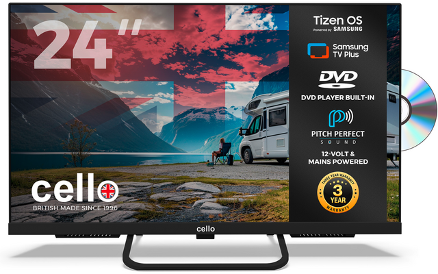 Televisiebeeld met groot 24-cijfer; meer met bergen en rode lucht, camper aan de oever, klein persoon naast stoel; rechts zwarte infokolom met DVD-pictogram; 'cello'-logo op scherm en voorkant; zichtbare DVD-schijf