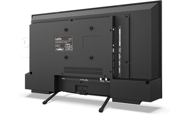 Achterzijde van een zwarte flatscreen-tv op twee voeten, met ventilatieopeningen, aansluitpoorten en een fabrikantlabel