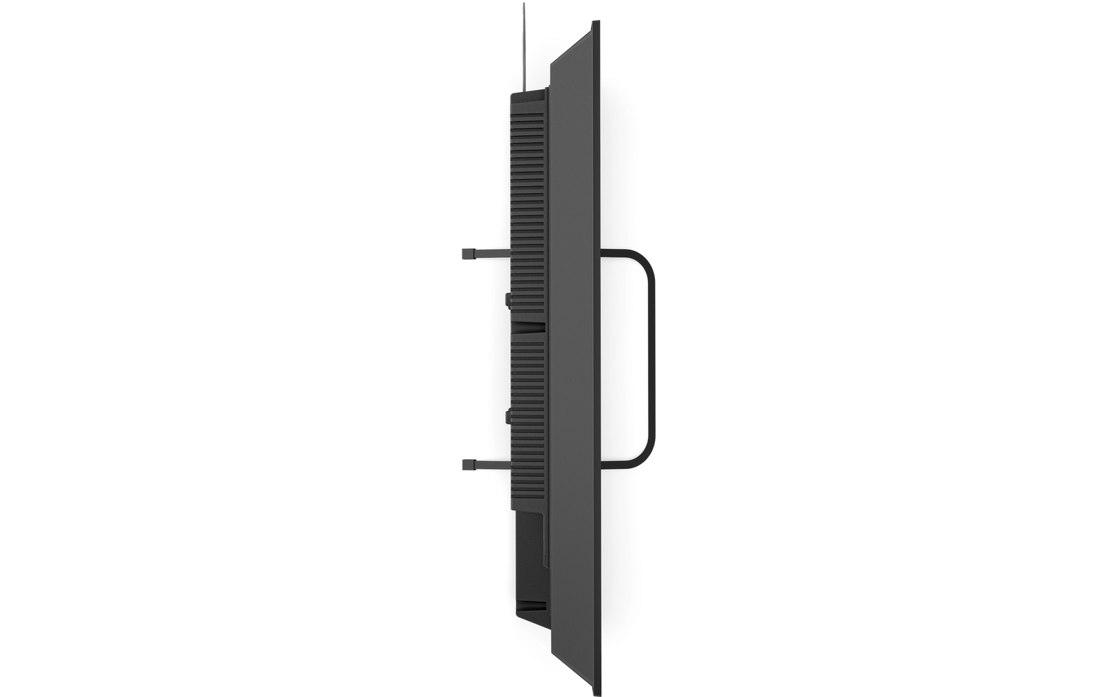 Zijaanzicht van een plat scherm met ventilatiesleuven, een antenne boven achterop, een gebogen handvat aan de achterkant, twee horizontale bevestigingsbeugels en poorten onderaan