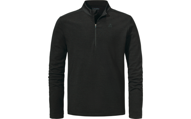 Maglione a maniche lunghe grigio scuro con cerniera corta frontale e collo alto, piccolo logo triangolare sul petto sinistro, vista frontale su sfondo bianco