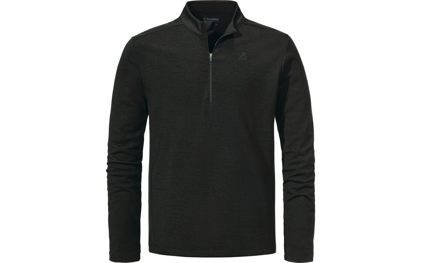 Maglione a maniche lunghe grigio scuro con cerniera corta frontale e collo alto, piccolo logo triangolare sul petto sinistro, vista frontale su sfondo bianco