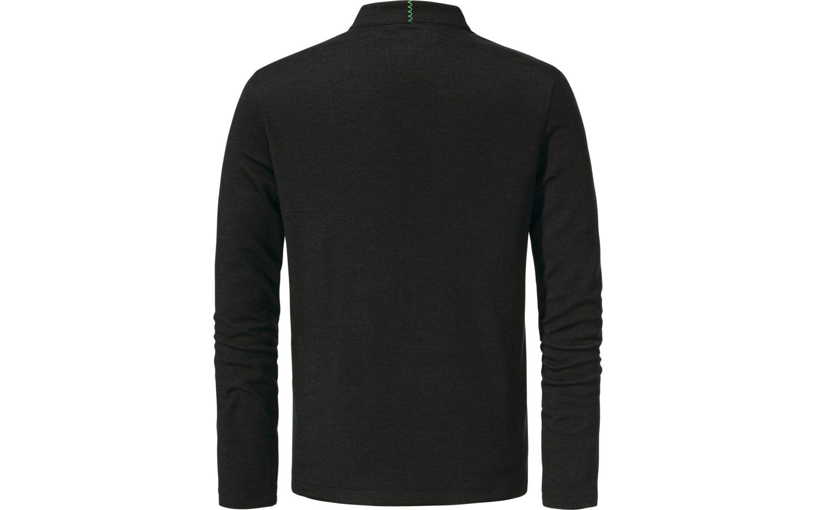Vista posteriore di una maglia nera a maniche lunghe con collo rialzato, piccola cucitura verde al centro dietro il collo, sfondo bianco