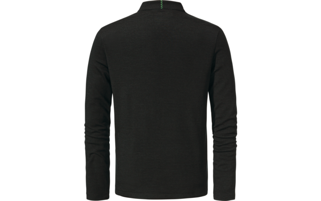 Vista posteriore di una maglia nera a maniche lunghe con collo rialzato, piccola cucitura verde al centro dietro il collo, sfondo bianco