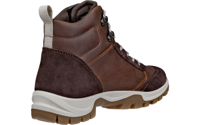 Brauner Wanderschuh mit beige-weißer Sohle und weißen Schnürsenkeln