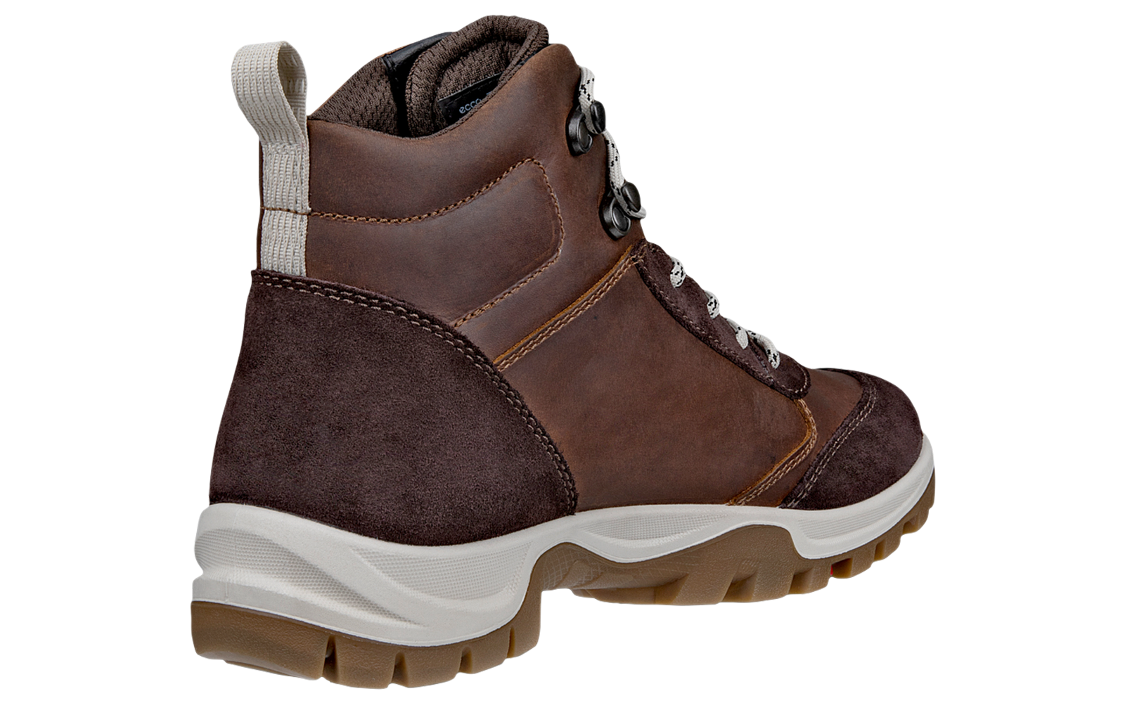 Brauner Wanderschuh mit beige-weißer Sohle und weißen Schnürsenkeln