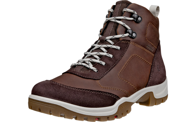 Brauner Wanderschuh mit weißen Schnürsenkeln auf weißem Hintergrund