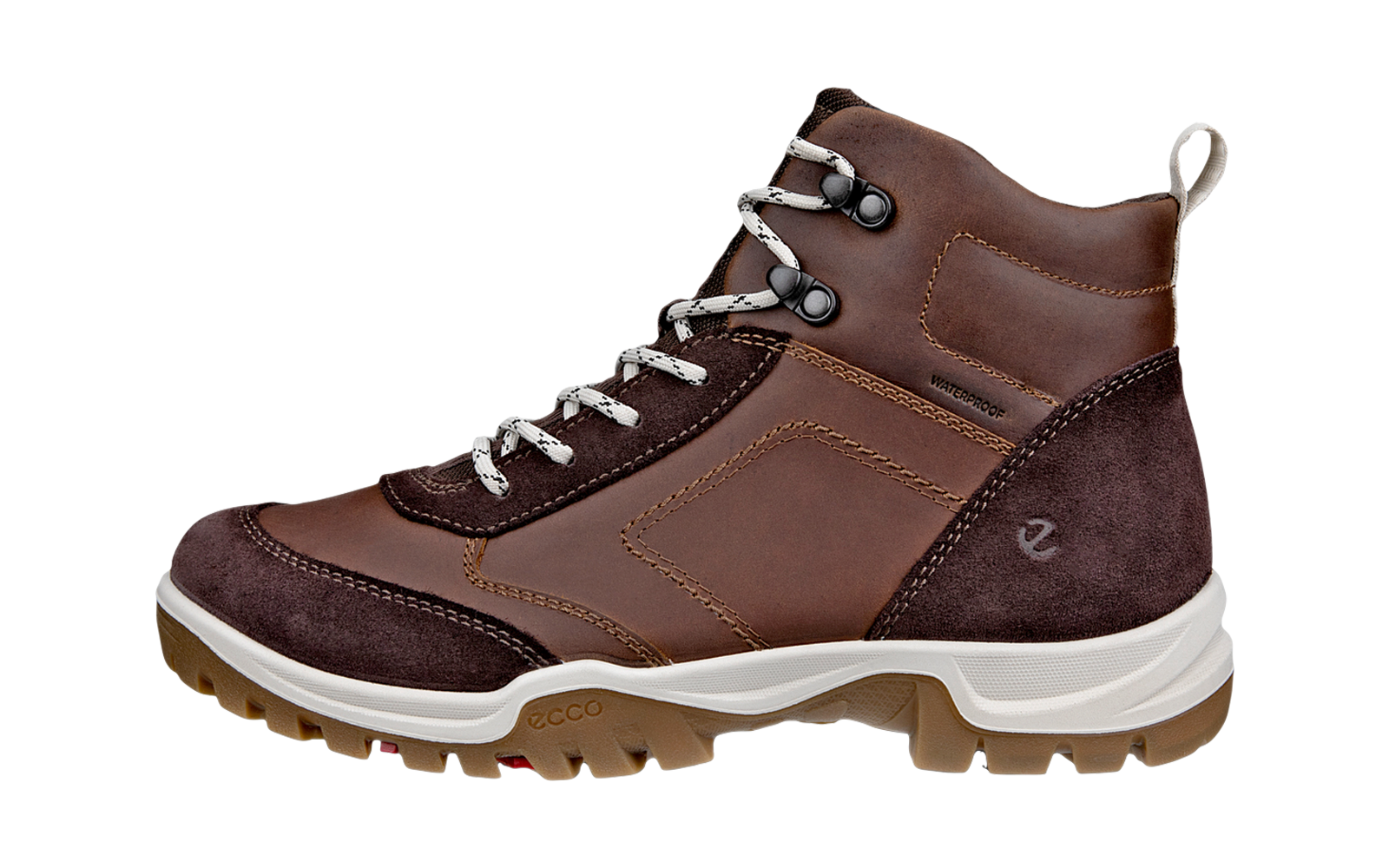Brauner Wanderschuh mit weißen Schnürsenkeln und heller Sohle