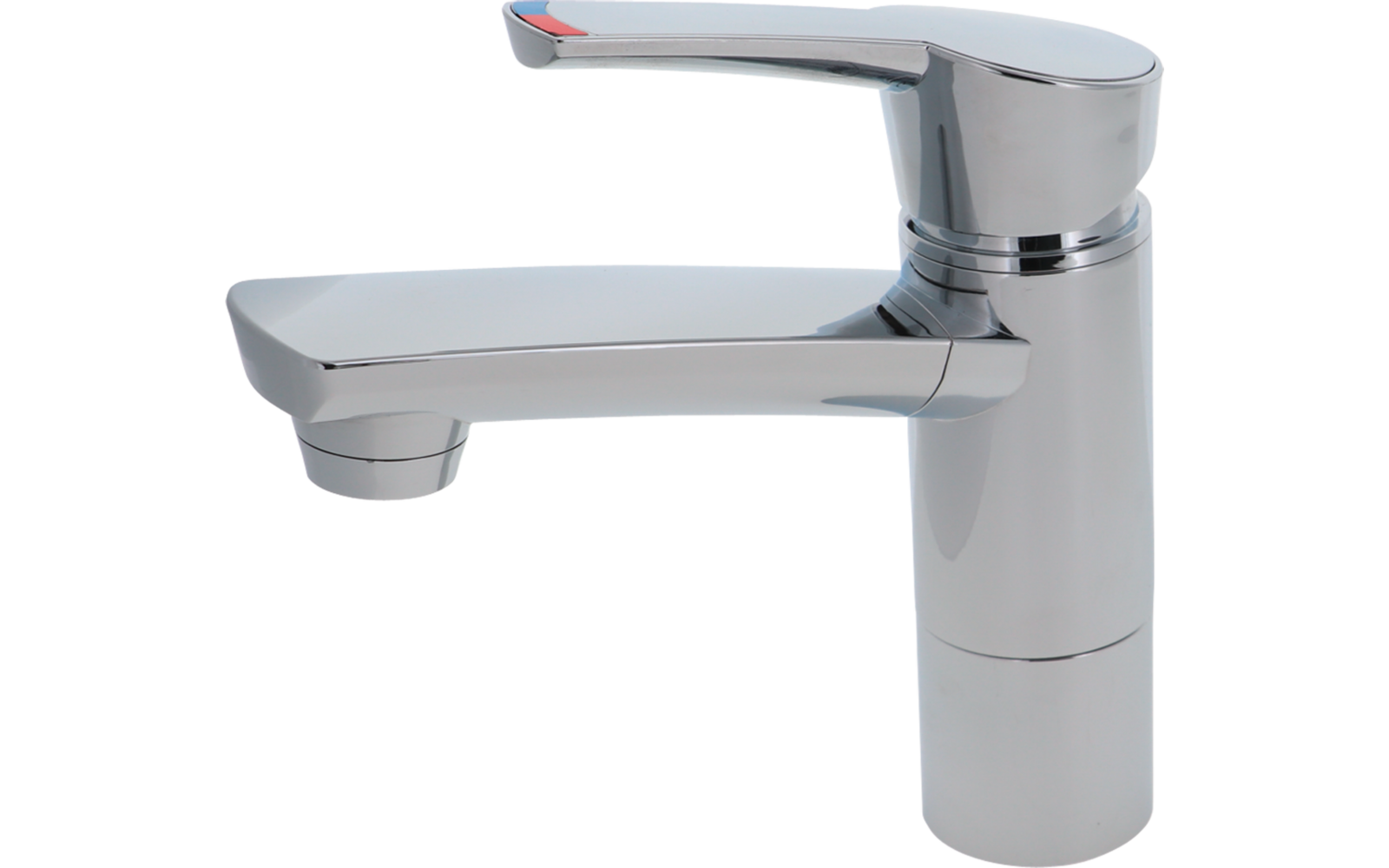 Rubinetto monocomando cromato, base cilindrica, leva piatta con segno rosso-blu, beccuccio corto