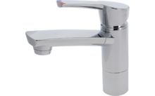 Chrome single-lever faucet, cylindrical base, flat lever with red-blue marking, short spout