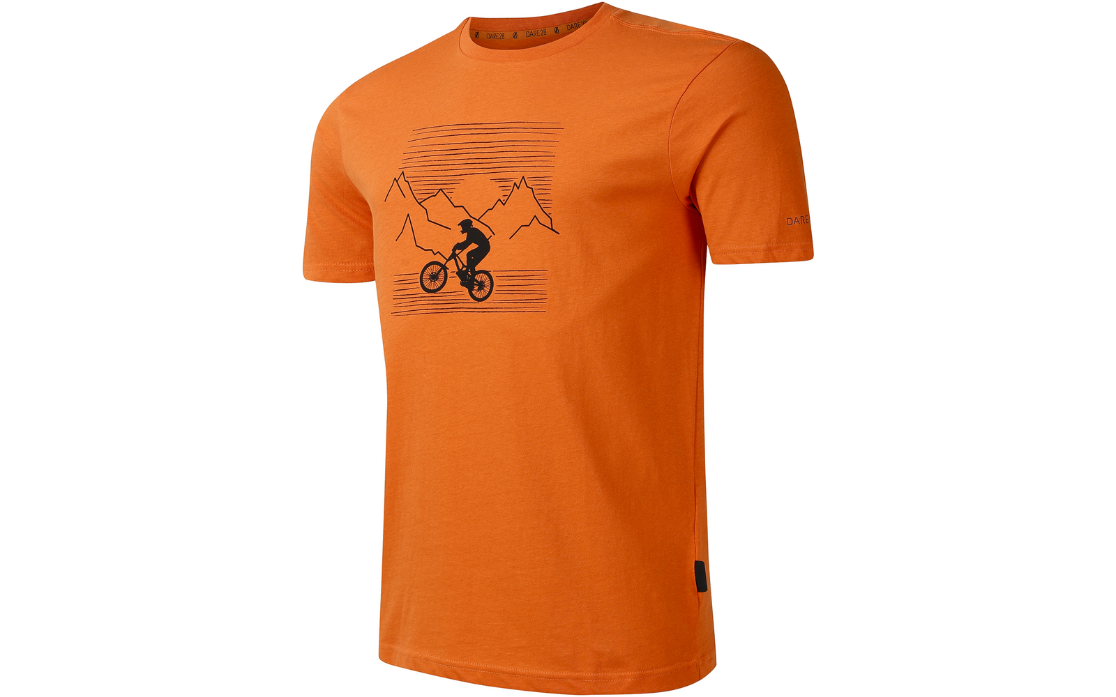 Oranges kurzärmeliges T‑Shirt mit schwarzer Grafik: Radfahrer vor Bergsilhouette und horizontalen Linien