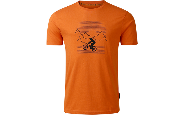 Oranges T-Shirt mit Rundhalsausschnitt und kurzem Ärmel, schwarzes Motiv eines Fahrradfahrers vor Linien und Bergsilhouetten