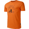 Oranges T-Shirt mit schwarzem Druck: Person auf Fahrrad, Berge und Linien