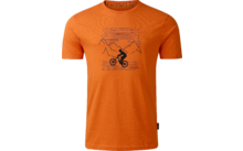 Maglietta arancione a maniche corte con scollo rotondo, stampa nera di un ciclista davanti a linee e sagome di montagne