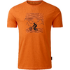 Oranges T‑Shirt mit schwarzem Aufdruck: Silhouette eines Radfahrers vor stilisierten Bergen und horizontalen Linien