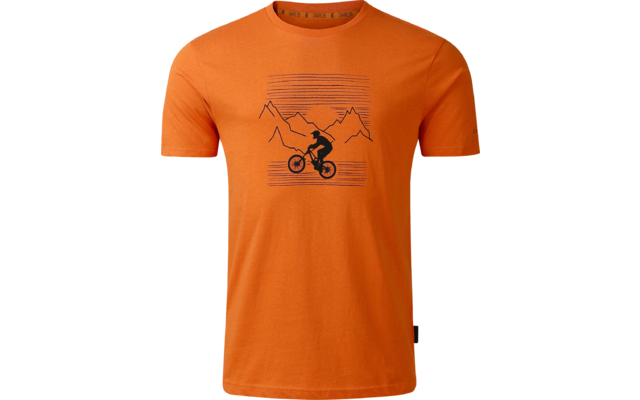 T‑shirt arancione con stampa nera: silhouette di un ciclista davanti a montagne stilizzate e linee orizzontali