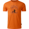 T‑shirt arancione con stampa nera: silhouette di un ciclista davanti a montagne stilizzate e linee orizzontali