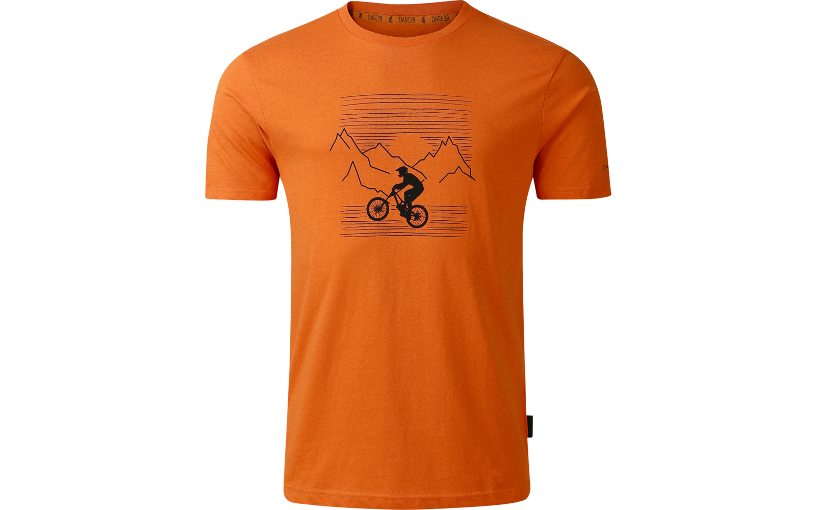 T‑shirt arancione con stampa nera: silhouette di un ciclista davanti a montagne stilizzate e linee orizzontali