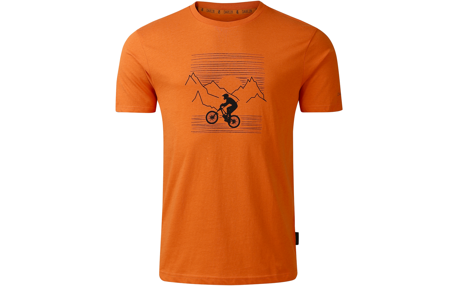 Oranges T-Shirt mit Rundhalsausschnitt und kurzem Ärmel, schwarzes Motiv eines Fahrradfahrers vor Linien und Bergsilhouetten