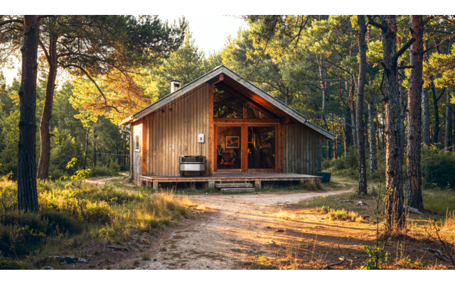 Ein Holzhaus im Wald mit einem offenen Eingang und einer Veranda