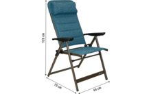 Chaise bleue rembourrée avec accoudoirs et dossier réglable, dimensions 113 cm hauteur, 70 cm largeur, 44 cm profondeur