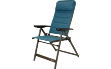 Opvouwbare stoel met blauwgroene gewatteerde zitting en rugleuning, donkergrijs metalen frame en zwarte armleuningen
