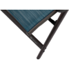Gros plan d'une assise en tissu bleu à rayures sur une structure métallique grise avec l'inscription visible 'Berger'