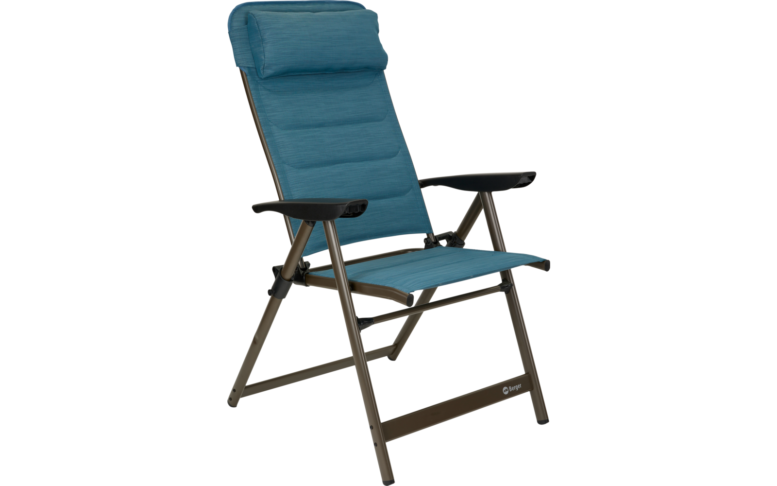 Chaise avec structure métallique brune, assise et dossier rembourrés bleus avec coussin de tête, accoudoirs noirs