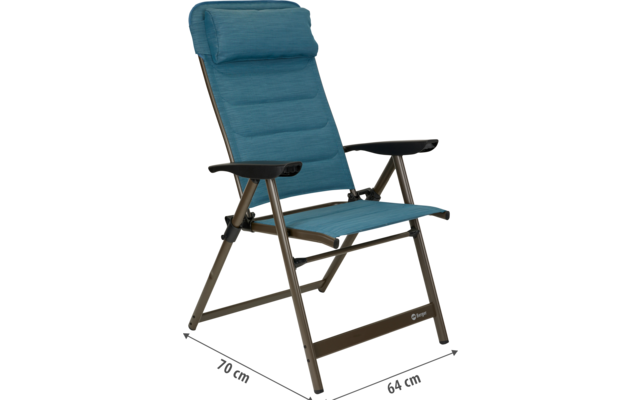 Blauer gepolsterter Stuhl mit Armlehnen und verstellbarer Rückenlehne, Maße 113 cm Höhe, 70 cm Breite, 44 cm Tiefe