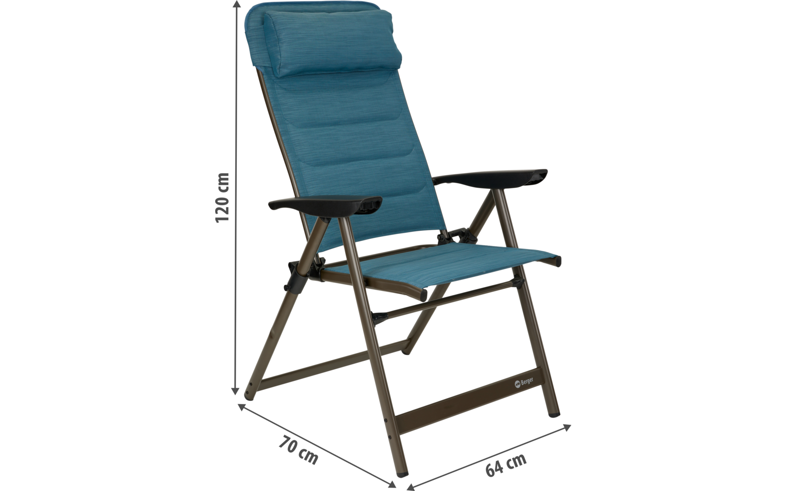 Blau gekleurde gestoffeerde stoel met armleuningen en verstelbare rugleuning, afmetingen 113 cm hoog, 70 cm breed, 44 cm diep
