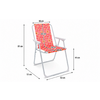 Witte klapstoel met metalen frame, rood-roze bloemenstof op zitting en rug, witte armleuningen; maatpijlen in cm: totale hoogte 81, rugleuning 46, zitbreedte 40, zitdiepte 38, zithoogte 44, basis 53 x 52