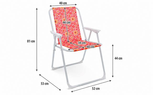 Witte klapstoel met metalen frame, rood-roze bloemenstof op zitting en rug, witte armleuningen; maatpijlen in cm: totale hoogte 81, rugleuning 46, zitbreedte 40, zitdiepte 38, zithoogte 44, basis 53 x 52