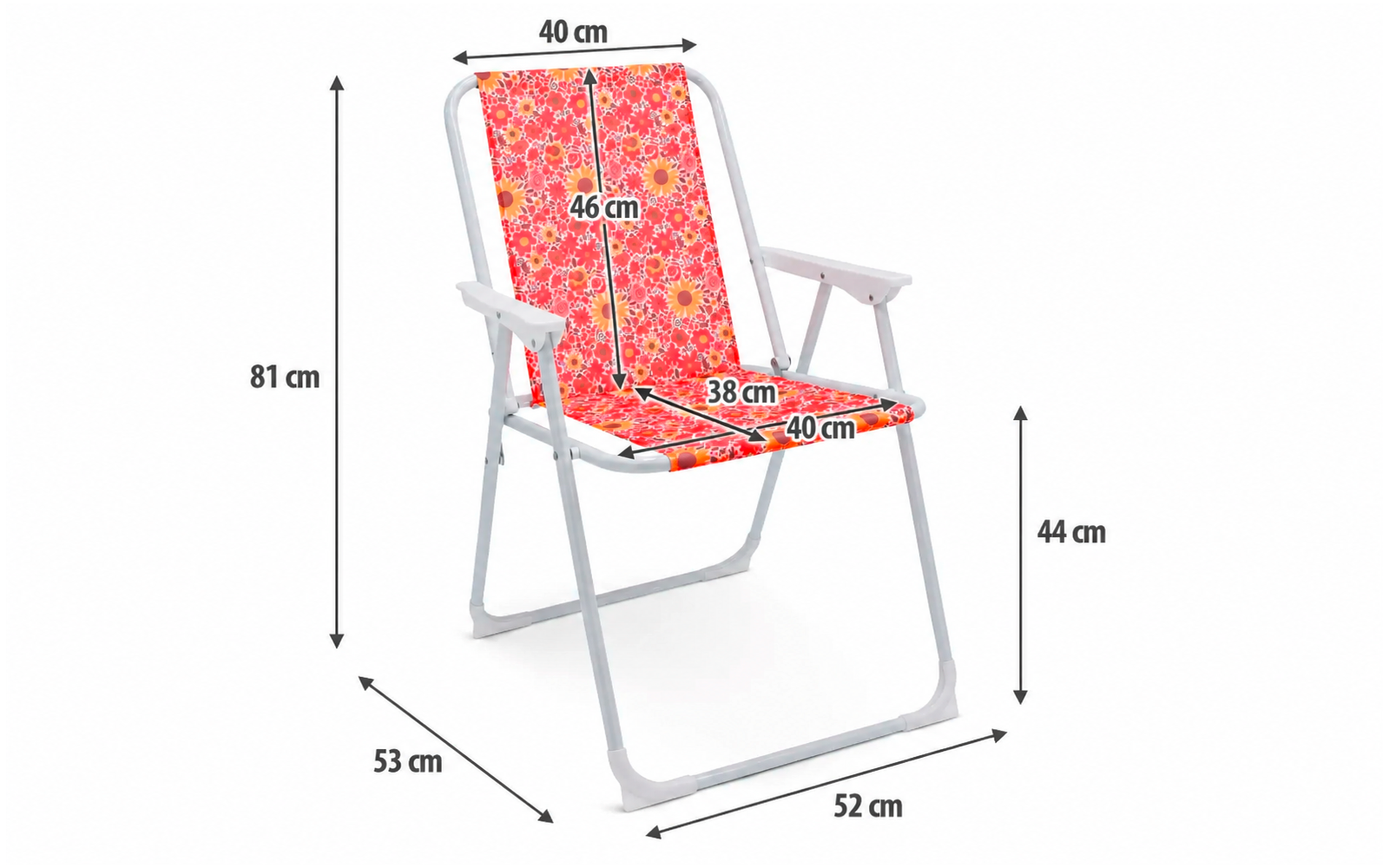 Witte klapstoel met metalen frame, rood-roze bloemenstof op zitting en rug, witte armleuningen; maatpijlen in cm: totale hoogte 81, rugleuning 46, zitbreedte 40, zitdiepte 38, zithoogte 44, basis 53 x 52