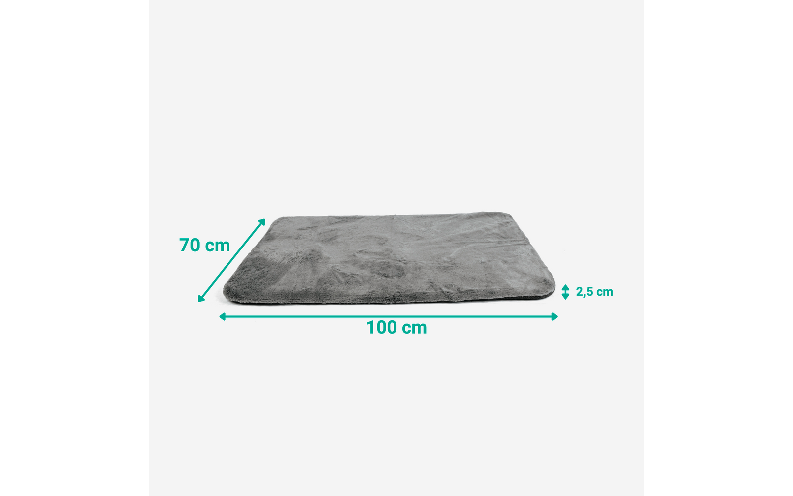 Grau flauschige rechteckige Matte auf weißem Hintergrund, türkise Pfeile und Maßangaben 100 cm × 70 cm × 2,5 cm