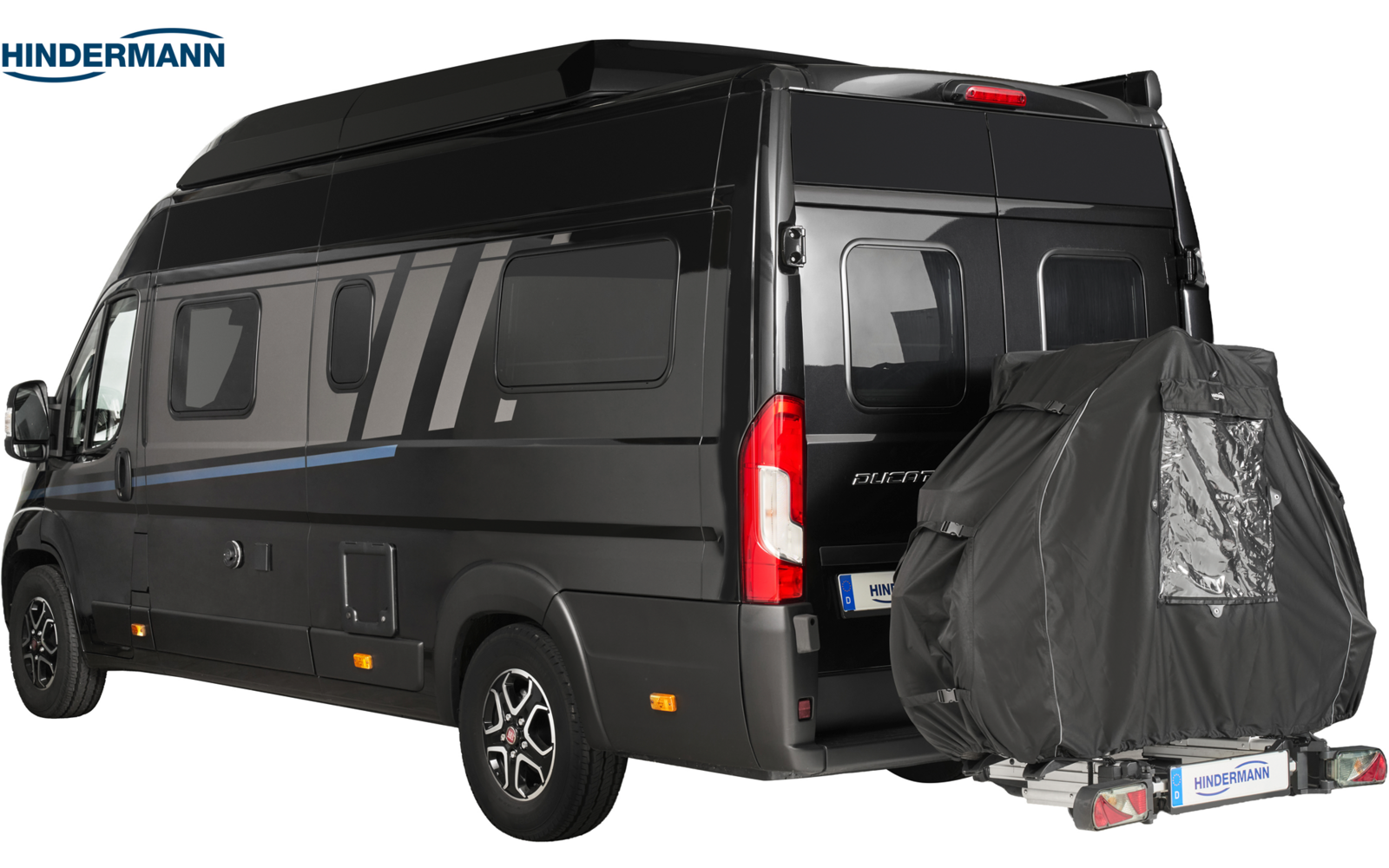 Schwarzer Hochdach-Transporter von drei Vierteln hinten, mit abgedecktem Fahrradträger an der Hecktür und Hindermann-Logo oben links