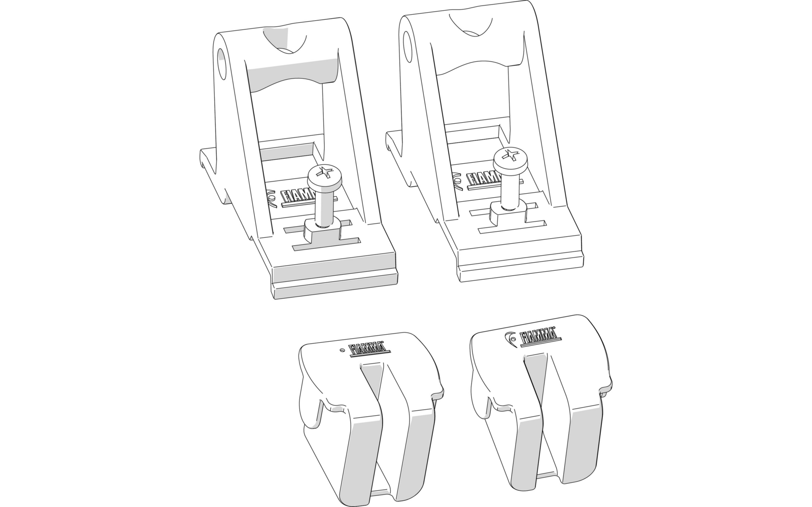 Vier schematische Linienzeichnungen: oben jeweils ein Gerät mit aufrechtem Rahmen, Basis, Rändelschraube und Schlitten; unten jeweils ein abgerundetes, zweizinkiges Bauteil mit dreieckiger Aussparung